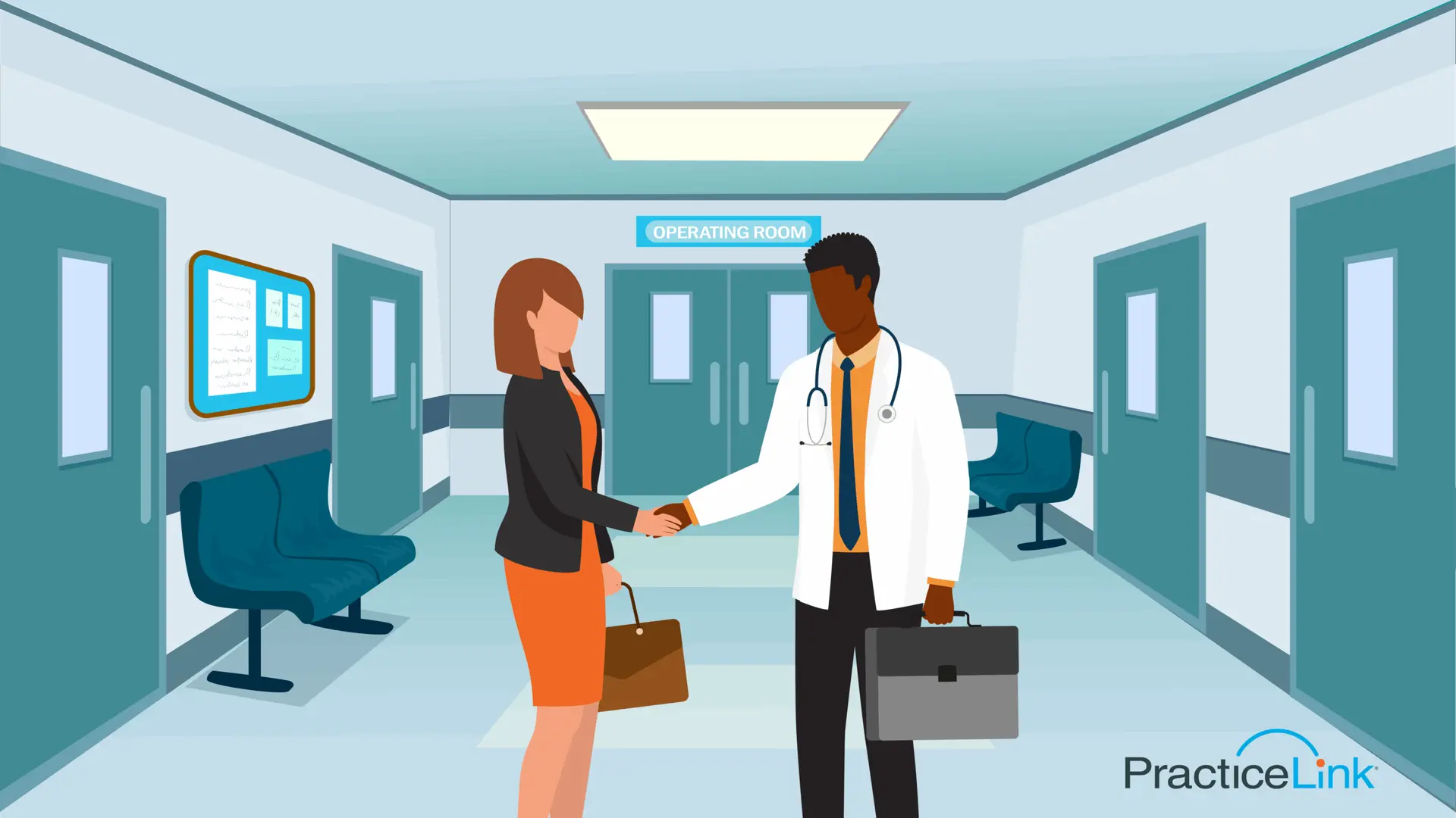 A physician and healthcare administrator shaking hands in the hospital showcasing a successful physician recruitment.